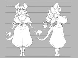  anthro big_breasts bovid bovine breasts cattle chalo cleavage clothed clothing curvy_figure diana_linda female front_view hair horn hourglass_figure huge_breasts humanoid_face las_lindas long_hair looking_at_viewer mammal mature_anthro mature_female model_sheet monochrome ponytail side_view smile solo wide_hips 