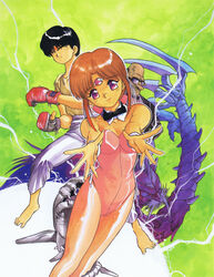  1990s_(style) 3x3_eyes ayanokouji_pai barefoot boxing_gloves detached_collar fujii_yakumo highres hueio leotard looking_at_viewer official_art open_hands orange_hair outstretched_arms pink_leotard purple_eyes retro_artstyle smile takada_yuuzou third_eye 