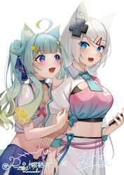  2girls :d absurdres ahoge animal_ear_fluff animal_ears blue_choker blue_eyes blue_hair blue_skirt blunt_bangs blush breasts cat_ears choker collared_shirt crop_top gradient_hair hair_ornament hairclip highres holding holding_another&#039;s_arm holding_phone illian-san lanmewko large_breasts long_hair meridian_project midriff mizuki_(vtuber) multicolored_hair multiple_girls navel necktie oerba_yun_fang open_mouth original phone pink_shirt purple_eyes see-through shirt side-tie_shirt signature simple_background skin_fang skirt small_breasts smile star_(symbol) star_hair_ornament stomach swept_bangs virtual_youtuber white_background white_hair 