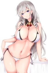  absurdres algerie_(azur_lane) algerie_(white_sand_paradise)_(azur_lane) arm_support azur_lane bare_shoulders bikini black_flower black_rose blush breasts cleavage closed_mouth commentary cowboy_shot detached_collar drill_hair drill_sidelocks female flower grey_hair groin hair_between_eyes hand_on_own_hip highres large_breasts long_hair looking_at_viewer masaki_nanaya midriff mole mole_under_eye multi-strapped_bikini nail_polish navel neck_ribbon official_alternate_costume pink_nails purple_eyes red_ribbon ribbon ribbon_between_breasts rose sidelocks simple_background skindentation smile solo standing swimsuit two-tone_bikini white_background white_bikini 