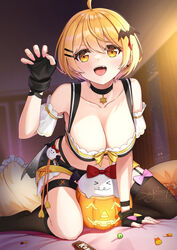  :d ahoge all_fours asymmetrical_legwear bare_shoulders bat_hair_ornament bed_sheet black_choker black_gloves black_shorts blonde_hair blush breasts brown_socks brown_thighhighs bustier candy choker claw_pose cleavage collarbone crop_top detached_sleeves female fingerless_gloves food garter_straps ghost gloves hair_ornament hairclip halloween highleg highleg_panties highres hololive indoors jack-o&#039;-lantern kneehighs large_breasts lollipop looking_at_viewer navel night no_shoes official_alternate_costume on_bed open_mouth panties panty_straps pillow short_hair short_shorts short_sleeves shorts single_garter_strap single_kneehigh single_sock single_thighhigh skyrail smile socks solo teeth thigh_strap thighhighs underwear uneven_legwear upper_teeth_only virtual_youtuber white_sleeves yellow_eyes yozora_mel yozora_mel_(2nd_costume) 