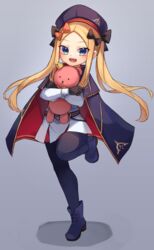  :d abigail_williams_(fate) artoria_caster_(fate) artoria_caster_(fate)_(cosplay) artoria_caster_(second_ascension)_(fate) artoria_pendragon_(fate) belt beret black_gloves black_pantyhose blonde_hair blue_cape blue_eyes blue_footwear blue_hat blush boots breasts buttons cape commentary cosplay double-breasted dress fate/grand_order fate_(series) female forehead full_body gloves hat highres hood hooded_cape long_hair long_sleeves looking_at_viewer miya_(miyaruta) multicolored_cape multicolored_clothes open_mouth pantyhose parted_bangs red_cape small_breasts smile solo stuffed_animal stuffed_toy teddy_bear white_dress 