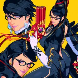  alternate_costume alternate_hairstyle artist_name bayonetta bayonetta_(series) bayonetta_3 bodysuit breasts commentary earrings female glasses gun holding holding_gun holding_weapon jewelry large_breasts lipstick long_hair looking_at_viewer makeup mature_female mole mole_under_mouth short_hair signature simple_background smile standing the_art_mage twitter_username weapon yellow_background 