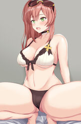  arms_behind_back bare_shoulders bikini blush breasts cleavage collarbone eyewear_on_head female girls&#039;_frontline green_eyes highres long_hair looking_away medium_breasts navel official_alternate_costume open_mouth r93_(girls&#039;_frontline) r93_(holiday_lucky_star)_(girls&#039;_frontline) red_hair scourer_14 sitting solo sunglasses swimsuit thighs white_bikini 