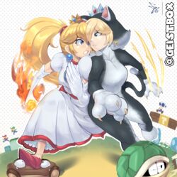  2girls ?_block absurdres animal_costume blonde_hair blue_eyes blue_toad_(mario) cat_costume cat_rosalina claws clenched_teeth commentary crown dress earrings english_commentary eye_contact fire_peach flaming_hand geistbox goomba highres jewelry koopa_troopa looking_at_another luigi mario mario_(series) mini_crown multiple_boys multiple_girls ponytail princess_peach red_footwear rosalina running shoulder-to-shoulder sphere_earrings super_mario_3d_world super_mario_galaxy teeth toad_(mario) white_dress 