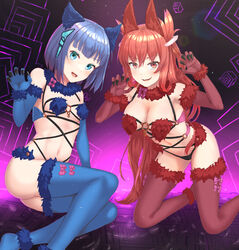  2girls adapted_costume alternate_color alternate_costume animal_ears arya_nadi blue_eyes blue_gloves blue_hair blue_thighhighs breasts claw_pose commission cosplay elbow_gloves fake_animal_ears fate/grand_order fate_(series) fur-trimmed_gloves fur-trimmed_legwear fur_collar fur_trim gloves jishoochihei_sensen_aditiya long_hair looking_at_viewer mash_kyrielight mash_kyrielight_(dangerous_beast) mash_kyrielight_(dangerous_beast)_(cosplay) medium_breasts mithra_(dies_irae) multiple_girls navel o-ring o-ring_top okina_(805197) red_eyes red_gloves red_hair red_thighhighs revealing_clothes shinza_bansho_series skeb_commission small_breasts thighhighs very_long_hair 