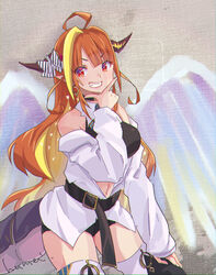  ahoge black_choker black_footwear blonde_hair boots breasts choker cosplay dragon_girl dragon_horns dragon_tail female hololive hololive_indonesia horns jacket kiryu_coco kyou_fumei large_breasts looking_at_viewer moona_hoshinova moona_hoshinova_(1st_costume) moona_hoshinova_(cosplay) navel o-ring o-ring_choker orange_hair pointy_ears red_eyes smile tail thigh_boots virtual_youtuber white_jacket 