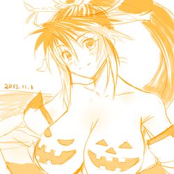  2013 breasts cleavage closed_mouth dated female halloween haruyama_kazunori large_breasts long_hair looking_at_viewer monochrome nanbu_kaguya orange_theme ponytail project_x_zone simple_background smile solo super_robot_wars super_robot_wars_og_saga_mugen_no_frontier unconventional_jack-o&#039;-lantern white_background 