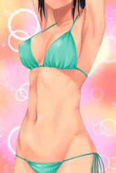  ano_hito armpits arms_up bad_id bad_pixiv_id bikini bishie_sparkle black_hair blurry bokeh breasts cleavage collarbone commentary cowboy_shot depth_of_field female gradient_background green_bikini groin halterneck head_out_of_frame loose_hair_strand medium_breasts midriff navel original paid_reward_available pink_background red_background side-tie_bikini_bottom solo sparkle sparkle_background standing stomach stretching string_bikini swimsuit tan yellow_background 