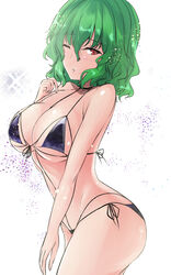  bare_arms bare_shoulders bikini black_bikini breasts commentary_request cowboy_shot female green_hair hair_between_eyes hand_up highres kazami_yuuka large_breasts looking_at_viewer one-hour_drawing_challenge one_eye_closed parted_lips red_eyes short_hair simple_background solo standing stomach swimsuit thighs touhou white_background y2 