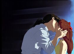  1boy age_difference alternate_universe amondetauro beard blue_choker blue_shirt choker closed_eyes dress english_commentary facial_hair female highres kaji_ryouji kissing neon_genesis_evangelion orange_hair scene_reference shirt size_difference souryuu_asuka_langley straight the_end_of_evangelion twitter_username yellow_dress 