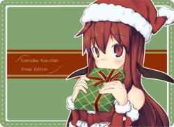  alternate_costume ayase_yuuki_(mikan_mochi) bare_shoulders bat_wings blush border bow box christmas christmas_present commentary_request covering_own_mouth dot_nose english_text female gift gift_box green_background hair_between_eyes hat head_wings highres holding holding_box koakuma long_hair long_sleeves red_bow red_eyes red_hair red_shirt santa_costume santa_hat shirt simple_background solo touhou upper_body white_border wings 