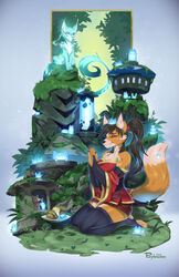  2023 5_fingers anthro asian_clothing asian_mythology black_clothing black_legwear black_stockings black_thigh_highs bread brown_hair canid canine closed_eyes clothing dress east_asian_mythology environment eyeshadow female female_focus feral fingers fluffy fluffy_tail food fox fur green_body green_fur group hair hi_res kneeling korean_mythology kumiho kumiho_(purplelemons) legwear magic makeup mammal multicolored_body multicolored_fur mythological_canine mythological_creature mythological_fox mythology plant praying purplelemons red_clothing red_dress red_eyeshadow shrine solo_focus spirits stirrup_stockings stockings tail tan_body tan_fur thigh_highs two_tone_body two_tone_fur white_body white_fur yellow_body yellow_fur 