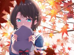  aqua_eyes autumn_leaves blue_jacket blush braid brown_hair covering_own_mouth female french_braid grey_hat hair_ornament hairclip hat highres hololive jacket long_sleeves looking_at_viewer official_alternate_costume oozora_subaru oozora_subaru_(work) sailor_collar sailor_hat short_hair solo swept_bangs upper_body virtual_youtuber yuzuki4no 