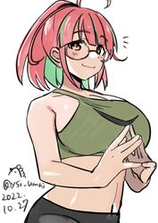  :3 ahoge bad_id bad_twitter_id black_shorts breasts crop_top female glasses green_hair green_sports_bra highres kantai_collection large_breasts midriff multicolored_hair one-hour_drawing_challenge pink-framed_eyewear pink_hair ponytail red_eyes short_hair shorts simple_background solo sports_bra steepled_fingers streaked_hair toriniku_senshi_chikinman ume_(kancolle) underwear upper_body white_background 