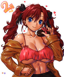  aged_up amania_orz artist_name bakusou_kyoudai_let&#039;s_&amp;_go!! bakusou_kyoudai_let&#039;s_&amp;_go!!_max blush breasts brown_hair brown_jacket camisole commentary_request crop_top dated female hair_between_eyes hand_up heart highres jacket large_breasts long_hair midriff navel oogami_marina pink_camisole smile solo twintails underboob undersized_clothes 