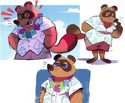  aloha_shirt animal_crossing anthro bar_emanata blue_eyes bottomwear brown_body brown_fur canid canine clothing emanata floral flower flower_garland fur garland hi_res laugh leaf leaf_pattern leaf_print leaf_print_clothing leaf_print_shirt leaf_print_t-shirt leaf_print_topwear lei lidded_eyes male mammal nintendo pattern_clothing pattern_shirt pattern_t-shirt pattern_topwear plant ploommy print_clothing print_shirt print_t-shirt print_topwear raccoon_dog shirt shorts slightly_chubby solo t-shirt tanuki tom_nook_(animal_crossing) topwear whiskers 