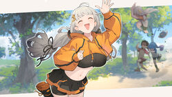  4girls a.i._voice ahoge arm_up bike_shorts bike_shorts_under_shorts bird black_hair black_shorts black_skirt blue_hair blurry blurry_background blush breasts closed_eyes cowboy_shot cropped_hoodie dual_persona facing_viewer grey_hair hair_ornament highres hood hoodie kaai_yuki kizuna_akari kizuna_akari_(tsubomi) long_hair long_sleeves multiple_girls navel open_mouth orange_hoodie otomachi_una running shirinda_fureiru short_sleeves short_twintails shorts skirt smile tree twintails vocaloid voiceroid white_background 