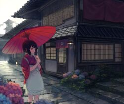  after_rain apron architecture bad_link black_hair bow building bush chorefuji east_asian_architecture female flower grass holding holding_umbrella hydrangea knees light mitsudomoe_(shape) oil-paper_umbrella original outdoors pink_eyes red_umbrella short_hair sky solo stairs standing stone_floor tomoe_(symbol) two-handed umbrella white_apron 