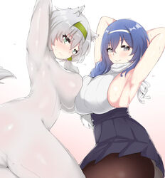  2girls absurdres animal_ears armpits blue_hair blush bodysuit braid breasts breasts_squeezed_together dp-12_(girls&#039;_frontline) girls&#039;_frontline green_eyes grey_eyes grey_hair hairband high-waist_skirt highres ksvk_(girls&#039;_frontline) large_breasts long_hair looking_at_viewer mother_and_daughter multiple_girls pantyhose physisyoon sideboob single_braid skin_tight skirt sweat sweatdrop tail 