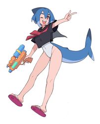  ;d azuumori bare_legs black_sailor_collar black_shirt blue_hair covered_navel female fish_tail flip-flops full_body hair_between_eyes highres index_finger_raised looking_at_viewer mako_(azuumori) multicolored_hair neckerchief one-piece_swimsuit one_eye_closed open_mouth original red_eyes red_neckerchief sailor_collar sandals shadow shark_fin shark_girl shark_tail shirt simple_background smile solo standing swimsuit swimsuit_under_clothes tail water_gun white_background white_one-piece_swimsuit 