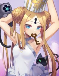  abigail_williams_(fate) abigail_williams_(swimsuit_foreigner)_(fate) abigail_williams_(swimsuit_foreigner)_(second_ascension)_(fate) armpits arms_behind_head arms_up bare_shoulders black_cat blonde_hair blue_eyes braid braided_bun breasts chocolate double_bun dress_swimsuit fate/grand_order fate_(series) feline female forehead hair_bun hat highres key keyhole long_hair mitre mouth_hold one-piece_swimsuit parted_bangs ryofuhiko sidelocks small_breasts solo swimsuit twintails very_long_hair white_hat white_one-piece_swimsuit 