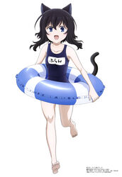  absurdres alternate_costume animal_ear_fluff animal_ears barefoot black_hair black_tail blue_eyes blue_one-piece_swimsuit cat_ears cat_girl cat_tail feet female fran_(tensei_shitara_ken_deshita) highres innertube legs long_hair looking_at_viewer megami_magazine name_tag official_art one-piece_swimsuit open_mouth saitou_atsuko school_swimsuit simple_background slit_pupils solo swim_ring swimsuit tail tensei_shitara_ken_deshita white_background 