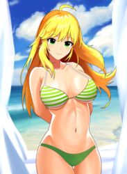  ahoge arms_behind_back bad_id bad_pixiv_id beach bikini blonde_hair blue_sky blush breasts cleavage cloud collarbone commentary_request cowboy_shot curtains day female green_bikini green_eyes groin halterneck highres hoshii_miki idolmaster idolmaster_(classic) large_breasts light_blush lmsu long_hair looking_at_viewer navel ocean outdoors sidelocks sky smile solo standing stomach striped_bikini striped_clothes swimsuit thigh_gap thighs water 