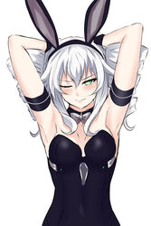  ;) animal_ears armpits arms_behind_head arms_up bare_shoulders black_leotard black_sister blush breasts detached_collar drill_hair embarrassed fake_animal_ears female green_eyes hair_between_eyes highres leotard long_hair navel neptune_(series) one_eye_closed power_symbol power_symbol-shaped_pupils rabbit_ears seshiro_(which501) simple_background small_breasts smile solo symbol-shaped_pupils twin_drills twintails white_background white_hair 