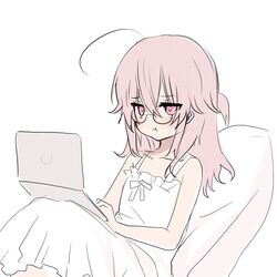  :t bad_id bad_pixiv_id bare_arms bare_shoulders closed_mouth collarbone computer dress feet_out_of_frame female glasses hair_between_eyes highres laptop long_hair one_side_up original pink_eyes pink_hair pout shiodome_oji simple_background sleeveless sleeveless_dress solo white_background white_dress 