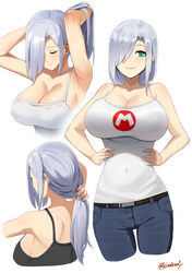  adjusting_hair aqua_eyes armpits back black_bra bra breasts cleavage closed_eyes closed_mouth denim feet_out_of_frame female girls&#039;_frontline grey_hair hair_over_one_eye hand_in_own_hair hands_in_hair hands_on_own_hips highres jeans kion-kun large_breasts long_hair looking_at_viewer mg5_(girls&#039;_frontline) multiple_views pants shirt smile twitter_username underwear white_background white_shirt 