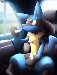  absurd_res anthro black_body black_fur blue_body blue_ears blue_fur blue_tail car car_door car_interior car_seat car_window detailed_background featureless_crotch fur generation_4_pokemon hi_res inside_car landscape lucario male nintendo pokemon pokemon_(species) red_eyes simple_background sky solo tail text vehicle window yakukage yellow_body yellow_fur 