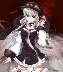  black_choker black_dress breasts bullet character_name choker cleavage closed_mouth cross cross_necklace dress feet_out_of_frame female girls&#039;_frontline highres holding holding_bullet jewelry kar98k_(girls&#039;_frontline) long_hair looking_at_viewer medium_breasts mintcinnamon necklace red_eyes simple_background smile solo standing uniform white_hair 