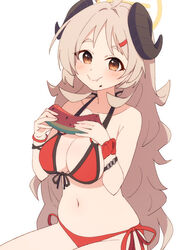  afnroll ahoge bare_arms bikini black_horns blue_archive blush breasts brown_hair cleavage closed_mouth commentary cowboy_shot curled_horns eating female food food_on_face front-tie_bikini_top front-tie_top fruit hair_ornament hairclip halo halterneck highres horns izumi_(blue_archive) izumi_(swimsuit)_(blue_archive) large_breasts long_hair navel official_alternate_costume plump red_bikini scrunchie short_eyebrows side-tie_bikini_bottom sideboob simple_background solo stomach swimsuit symbol-only_commentary very_long_hair watermelon watermelon_seeds watermelon_slice white_background wrist_scrunchie wristband yellow_eyes 