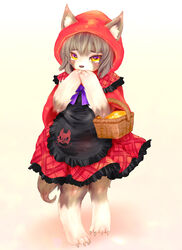  2013 alternative_fashion amber_eyes anthro apron bodily_fluids canid clothing country_lolita dress fairy_tales female j-fashion little_red_riding_hood little_red_riding_hood_(copyright) lolita_(fashion) looking_at_viewer mammal red_clothing red_dress simple_background solo standing tears tetetor-oort translated_description 