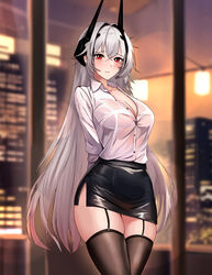  absurdres alternate_costume arms_behind_back azur_lane beefusteku black_hair black_skirt black_thighhighs blurry blurry_background blush breasts building cleavage collared_shirt cowboy_shot english_commentary evening female garter_straps grey_hair hair_between_eyes hair_intakes highres horns indoors kursk_(azur_lane) large_breasts long_hair long_sleeves looking_at_viewer miniskirt multicolored_hair office_lady pencil_skirt red_eyes shirt skirt skyscraper smile solo streaked_hair thighhighs white_shirt 