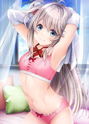  armpits arms_up blue_eyes blue_sky bra closed_mouth cloud covered_nipples curtains dakikano day female flat_chest grey_hair highres indoors kurono_mitsuki long_hair navel official_art open_clothes open_shirt panties pillow pink_bra pink_panties school_uniform shirt sky smile solo stomach underwear white_shirt window 