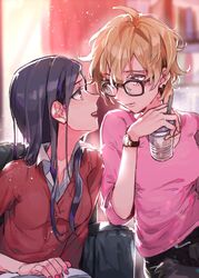  2girls aged_up alternate_hairstyle bad_id bad_pixiv_id bespectacled black_hair blonde_hair cup disposable_cup drinking_straw eye_contact fresh_precure! glasses higashi_setsuna indoors light_particles long_hair looking_at_another momozono_love multiple_girls nail_polish precure short_hair smile taki_(tkai40) upper_body watch wristwatch yuri 