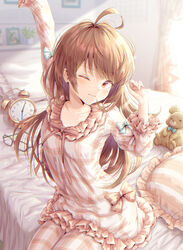  ahoge alarm_clock arm_up bed blue_bow blurry bow brown_eyes brown_hair clock closed_mouth collarbone commentary_request depth_of_field female frilled_shirt frilled_sleeves frills hand_up hirokazu_(analysis-depth) indoors long_hair long_sleeves messy_hair on_bed one_eye_closed orange_bow original outstretched_arm pajamas pants pillow plaid plaid_pajamas plaid_pants plaid_shirt shirt sitting sleeve_bow solo stretching stuffed_animal stuffed_toy sunlight teddy_bear unworn_eyewear waking_up 