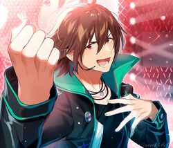  1boy absurdres ahoge amagase_touma black_shirt blush brown_hair clenched_hand collarbone concert fingernails glowstick green_jacket hair_between_eyes hand_on_own_chest headset highres idol idolmaster idolmaster_side-m idolmaster_side-m_live_on_stage! jacket jewelry looking_at_viewer male_focus monitor necklace ninahachi open_mouth red_eyes shirt signature smile solo stage_lights starting_brighty_(idolmaster) sweat upper_body 