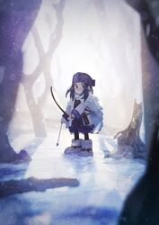  ainu ainu_clothes arrow_(projectile) asirpa black_hair blue_eyes blush boots bow_(weapon) cape female fur_cape golden_kamuy highres holding holding_arrow holding_bow_(weapon) holding_weapon kunitarou-art long_hair long_sleeves looking_at_viewer shadow snow solo weapon white_footwear 