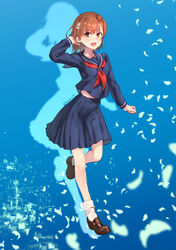  :d alternate_uniform arm_behind_head artist_name blue_serafuku blue_skirt borrowed_clothes brown_eyes brown_hair commentary female full_body loafers looking_at_viewer medium_hair midriff_peek misaka_mikoto neckerchief open_mouth pleated_skirt raika9 red_neckerchief sailor_collar sakugawa_school_uniform school_uniform serafuku shoes skirt smile socks solo toaru_kagaku_no_railgun toaru_majutsu_no_index toaru_majutsu_no_index:_imaginary_fest winter_uniform 