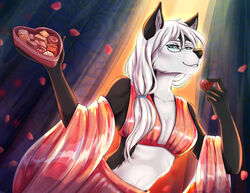  anthro black_body black_fur blue_eyes breasts candy canid canine canis chocolate cleavage clothed clothing dessert digital_media_(artwork) domestic_dog eyewear female food fur glasses hair holidays husky looking_at_viewer mammal miso-roll_(artist) natasha_smirnova nordic_sled_dog petals ponytail shaded smile solo spitz valentine&#039;s_day white_body white_fur white_hair 