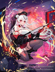  armband assault_rifle bare_shoulders beret black_footwear black_hat black_jacket boots breasts closed_mouth detached_collar double_bun female fire gloves grey_thighhighs gun hair_bun hat high-waist_skirt highres holding holding_gun holding_weapon jacket lace_trim large_breasts long_hair long_sleeves looking_at_viewer multicolored_hair natsuiro_xx necktie off_shoulder official_art on_one_knee open_clothes open_jacket red_eyes red_gloves red_skirt rifle shirt side_slit sideboob skirt sleeveless sleeveless_shirt solo streaked_hair thigh_strap thighhighs thighs v-shaped_eyebrows very_long_hair weapon white_hair white_shirt yith_(z/x) z/x 