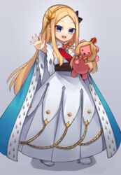  :d abigail_williams_(fate) anastasia_(fate) anastasia_(fate)_(cosplay) blonde_hair blue_cloak blue_eyes blush breasts cloak commentary cosplay dress fate/grand_order fate_(series) female forehead full_body fur_trim hairband highres jewelry long_hair looking_at_viewer miya_(miyaruta) necklace open_mouth outstretched_arm parted_bangs pendant small_breasts smile solo stuffed_animal stuffed_toy teddy_bear white_dress 