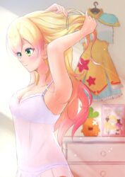  armpits arms_up blonde_hair blush bra breasts chemise cleavage closed_mouth clothes_hanger cowboy_shot drawing_(object) dress female from_side gradient_hair green_eyes hair_down highres holofive hololive light_rays long_hair looking_away mano_aloe medium_breasts momosuzu_nene morning multicolored_hair nekko_(momosuzu_nene) omaru_polka panties pink_hair see-through_silhouette shishiro_botan smile solo sunbeam sunlight tying_hair typho underwear underwear_only unworn_clothes unworn_dress virtual_youtuber white_bra white_panties yukihana_lamy 