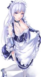  absurdres apron azur_lane bad_id bad_pixiv_id belfast_(azur_lane) braid breasts cleavage clothes_lift curtsey dress dress_lift female french_braid frilled_apron frills gloves grey_footwear highres large_breasts light_purple_hair long_hair looking_at_viewer maid_headdress purple_dress purple_eyes shiroinu_(shiroinu_283p) simple_background skirt_hold solo standing thighhighs white_apron white_background white_gloves white_thighhighs 