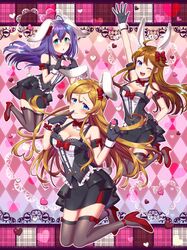  3girls ahoge animal_ears armpits bad_id bad_twitter_id black_dress black_skirt blonde_hair blue_eyes blush breasts breasts_apart brown_hair cleavage dress fake_animal_ears fishnet_thighhighs fishnets full_body gloves green_eyes hair_between_eyes heart heart_hands high_heels holding idol idol_clothes idolmaster idolmaster_million_live! jumping large_breasts long_hair looking_at_viewer mochizuki_anna multiple_girls nejimo one_eye_closed open_mouth pencil_skirt purple_hair rabbit_ears red_footwear shinomiya_karen skirt small_breasts smile thighhighs tokoro_megumi 