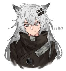  animal_ears aogisa arknights bad_id bad_twitter_id black_jacket closed_mouth cropped_torso female grey_eyes grey_hair hair_between_eyes hair_ornament hairclip happy_birthday jacket lappland_(arknights) light_smile long_hair looking_at_viewer messy_hair no_scar portrait solo upper_body white_background wolf_ears 