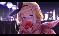  baram black_ribbon blonde_hair blunt_bangs blurry blurry_background blush bokeh box breath commentary_request covering_own_mouth depth_of_field enpera female gift gift_box green_eyes hair_ribbon heart-shaped_box holding holding_box holding_gift jacket letterboxed looking_at_viewer mononobe_alice night nijisanji nose_blush orange_jacket outdoors partial_commentary pink_scarf plaid plaid_scarf ribbon scarf short_hair solo upper_body valentine virtual_youtuber 